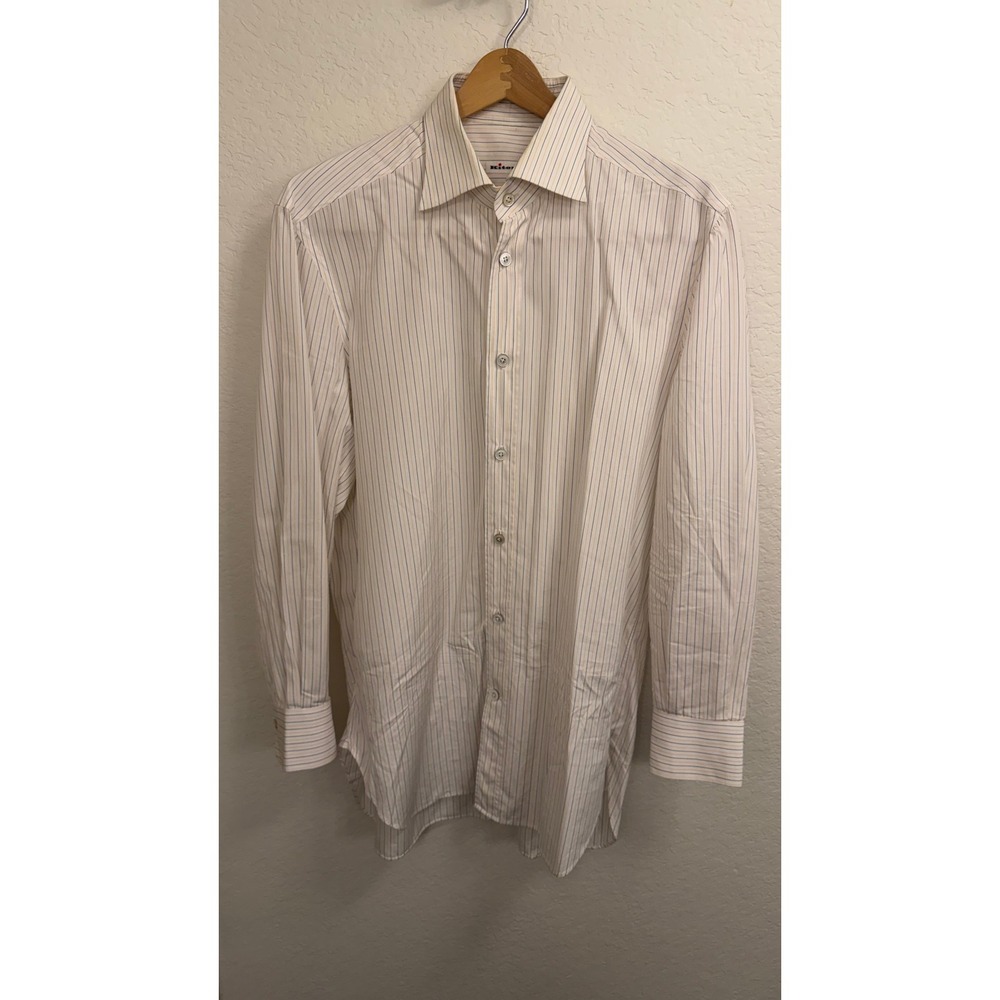 Kiton Napoli Mens Striped Dress Shirt 16 41 White Orange Blue Cotton Italy